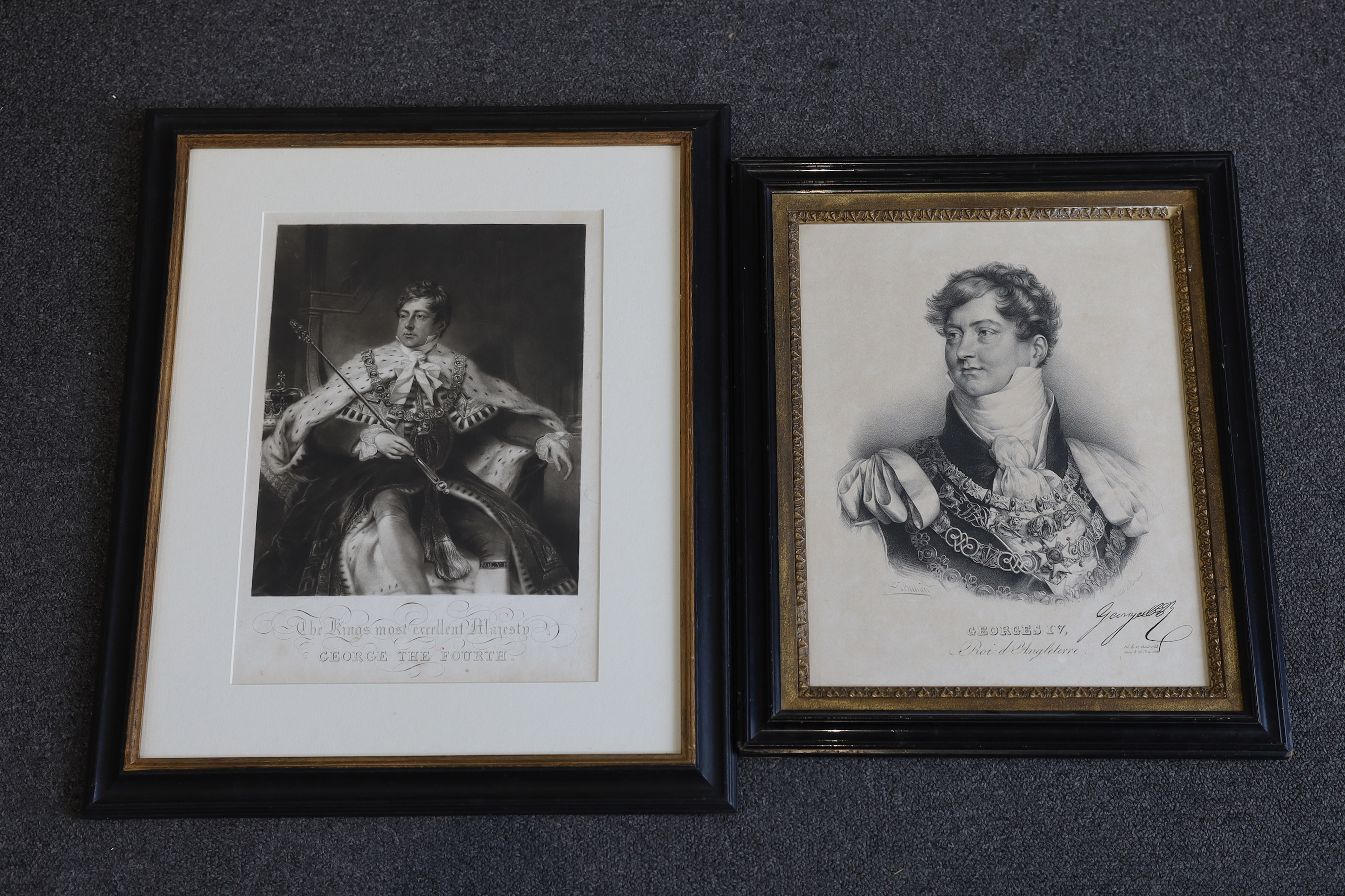 Samuel William Reynolds, mezzotint, 'The King's Most Excellent Majesty George IV', published c.1821, visible sheet 35 x 25cm, and a lithograph by Delpech after Belliari, 'George VI ROI d'Angleterre 1830', visible sheet 3